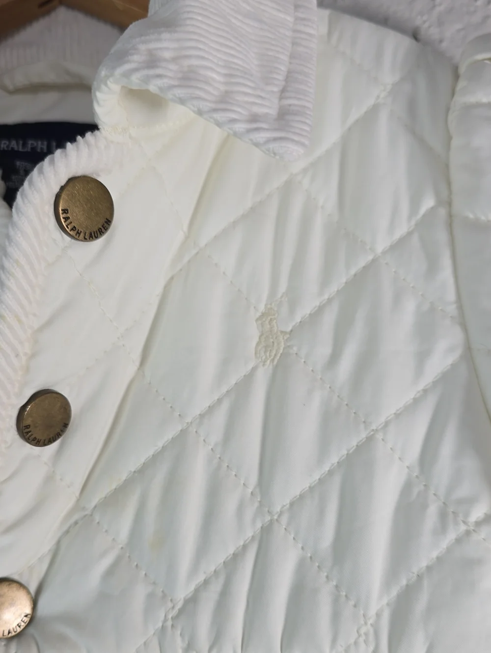 Ralph Lauren Girls' Cream Quilted Puff Jacket with Corduroy Collar